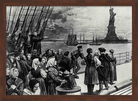 Framed New York - Welcome to the land of freedom - An ocean steamer passing the Statue of Liberty Print