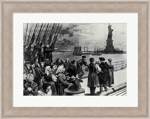 Framed New York - Welcome to the land of freedom - An ocean steamer passing the Statue of Liberty Print