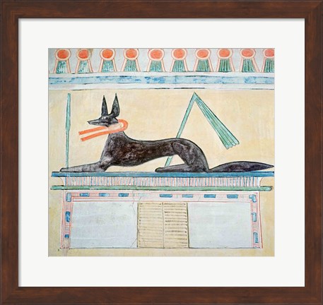 Framed Anubis, Egyptian god of the dead, lying on top of a sarcophagus Print
