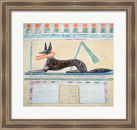 Framed Anubis, Egyptian god of the dead, lying on top of a sarcophagus Print