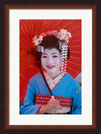 Framed Geisha in Blue with Orange Umbrella Print