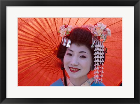 Framed Geisha Orange Umbrella Print