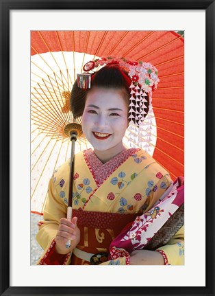 Framed Young Geisha with Umbrella Print