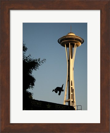 Framed Skateboarder Aloft and Space Needle Print