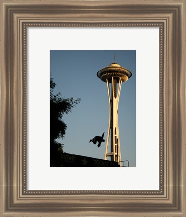 Framed Skateboarder Aloft and Space Needle Print