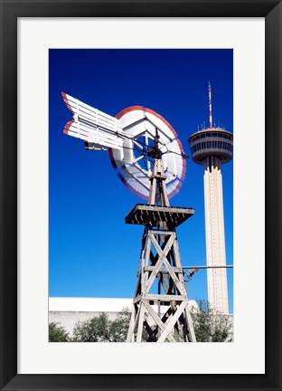 Framed USA, Texas, San Antonio, Tower of the Americas and old windmill Print