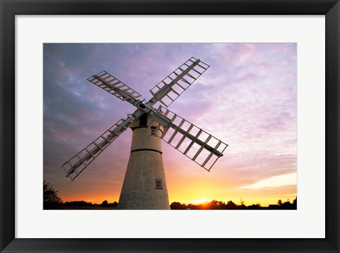 Framed Boats moored near a traditional windmill, Horsey Windpump, Horsey, Norfolk Broads, Norfolk, England Print