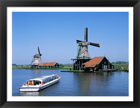 Framed Windmills and Canal Tour Boat, Zaanse Schans, Netherlands Print