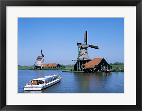 Framed Windmills and Canal Tour Boat, Zaanse Schans, Netherlands Print