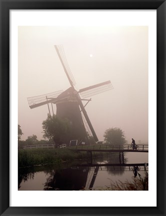 Framed Windmill and Cyclist, Zaanse Schans, Netherlands black and white Print