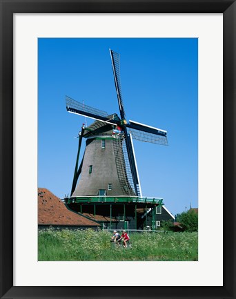 Framed Windmill and Cyclists, Zaanse Schans, Netherlands Print