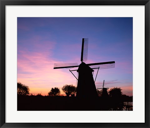 Framed Silhouette, Windmills On Purple Sunset, Kinderdijk, Netherlands Print