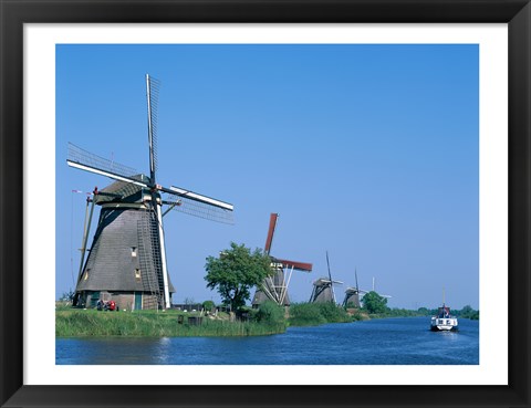 Framed Windmills and Canal Tour Boat, Kinderdijk, Netherlands Print