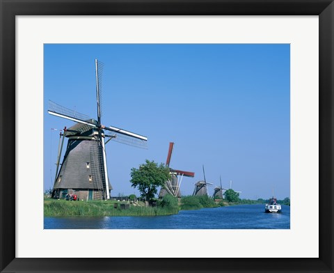 Framed Windmills and Canal Tour Boat, Kinderdijk, Netherlands Print