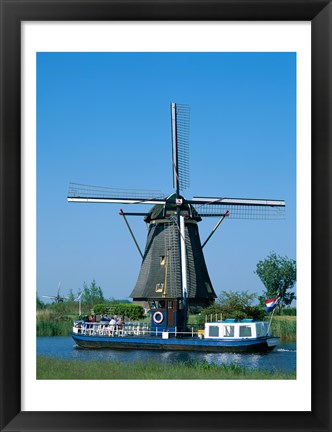 Framed Windmill and Canal Tour Boat, Kinderdijk, Netherlands Print