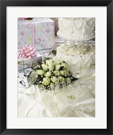 Framed Cake with rings and gifts on a sheet Print