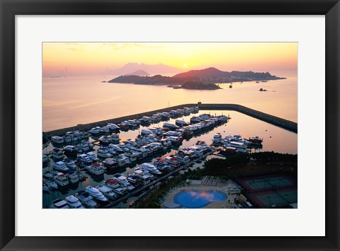 Framed Sunrise over Peng Chau Island with Discovery Bay Marina in foreground, Hong Kong, China Print