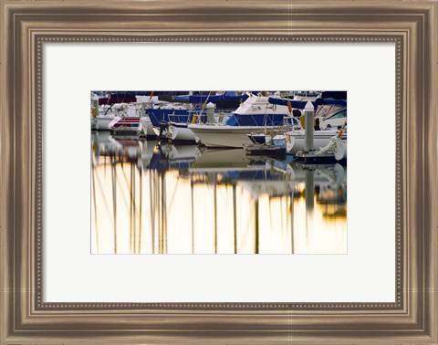 Framed USA, California, Santa Barbara, boats in marina at sunrise Print