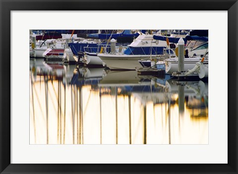 Framed USA, California, Santa Barbara, boats in marina at sunrise Print