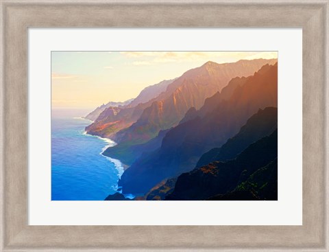 Framed Mountain range at sunrise, Na Pali Coast, Kauai, Hawaii, USA Print