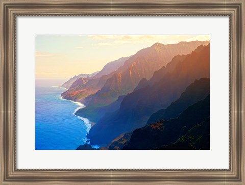 Framed Mountain range at sunrise, Na Pali Coast, Kauai, Hawaii, USA Print