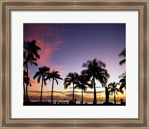 Framed Silhouette of palm trees on the beach, Waikiki Beach, Honolulu, Oahu, Hawaii, USA Print