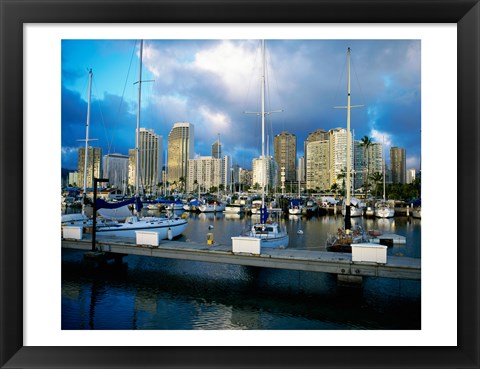 Framed Sailboats docked in a harbor, Ala Wai Marina, Waikiki Beach, Honolulu, Oahu, Hawaii, USA Print