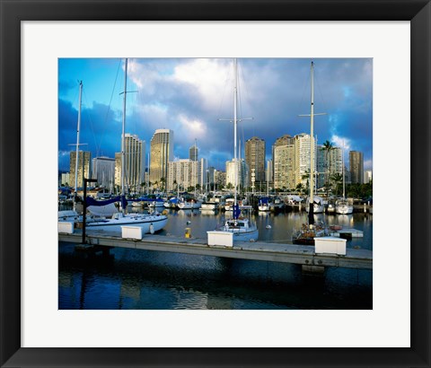 Framed Sailboats docked in a harbor, Ala Wai Marina, Waikiki Beach, Honolulu, Oahu, Hawaii, USA Print