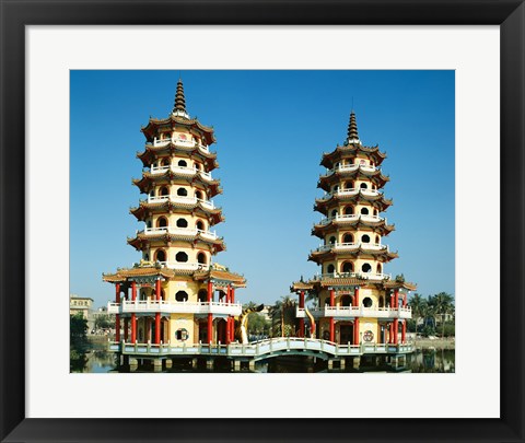 Framed Facade of a pagoda, Dragon and Tiger Pagoda, Lotus Lake, Kaohsiung, Taiwan Print