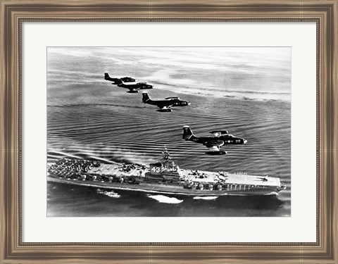 Framed High angle view of four fighter planes flying over an aircraft carrier, US Navy Banshees, USS Coral Sea (CV-43) Print