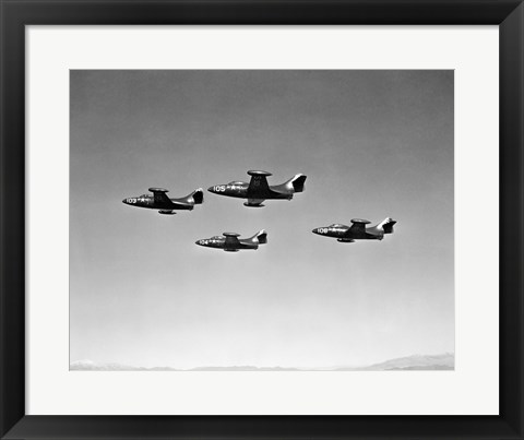 Framed Low angle view of four fighter planes flying in formation, F9F Panther Print