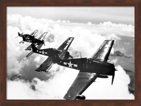 Framed High angle view of four fighter planes flying in formation, F6F Hellcat Print