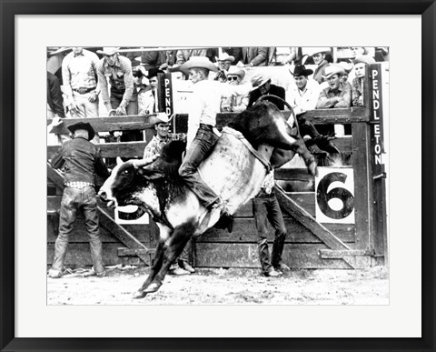 Framed Side profile of a cowboy riding a bull at a rodeo Print