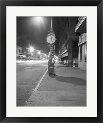 Framed Night view with street clock and mailbox Print