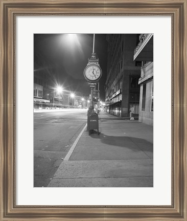 Framed Night view with street clock and mailbox Print