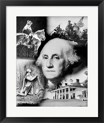 Framed George Washington&#39;s face superimposed over a montage of pictures depicting American history, USA Print