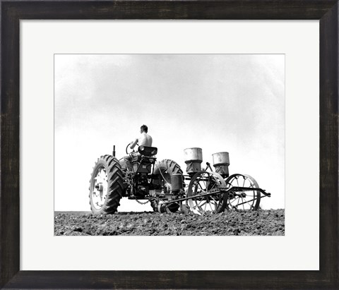 Framed Low Angle View of a Farmer Planting Corn with a Tractor in a Field Print