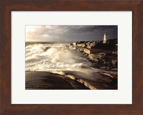 Framed Waves crashing against rocks, Peggy&#39;s Cove Lighthouse, Peggy&#39;s Cove, Nova Scotia, Canada Print