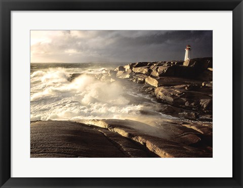 Framed Waves crashing against rocks, Peggy&#39;s Cove Lighthouse, Peggy&#39;s Cove, Nova Scotia, Canada Print