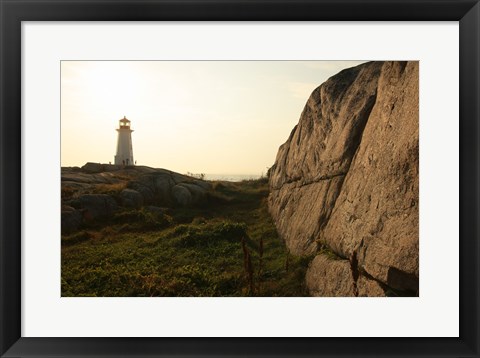 Framed Lighthouse on the beach at dusk, Peggy&#39;s Cove Lighthouse, Peggy&#39;s Cove, Nova Scotia, Canada Print