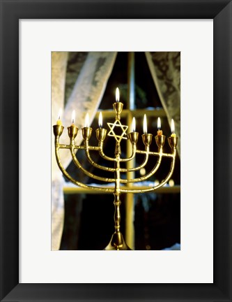 Framed Close-up Of Lit Candles On A Menorah And Window Print