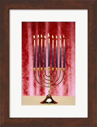 Framed Close-up Of Lit Candles On A Menorah On Red Print