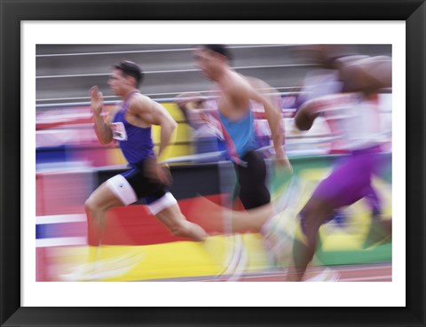 Framed Side profile of three men running on a running track Print