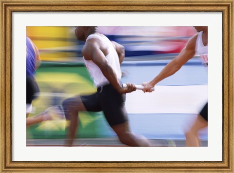 Framed Side profile of three men passing a relay baton Print