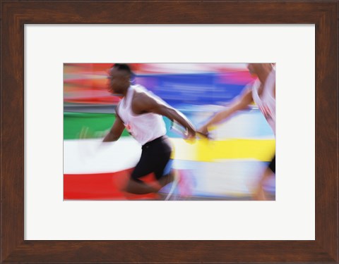 Framed Side profile of two young men passing a relay baton Print