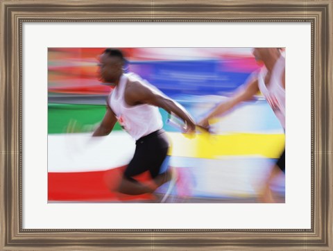 Framed Side profile of two young men passing a relay baton Print