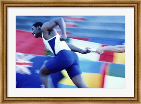 Framed Side profile of runners passing a baton in a relay race Print