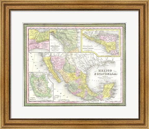 Framed 1850 Mitchell Map of Mexico Texas Print