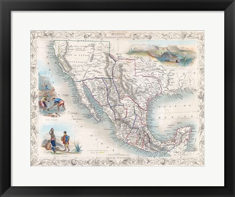 Framed 1851 Tallis Map of Mexico, Texas, and California Print