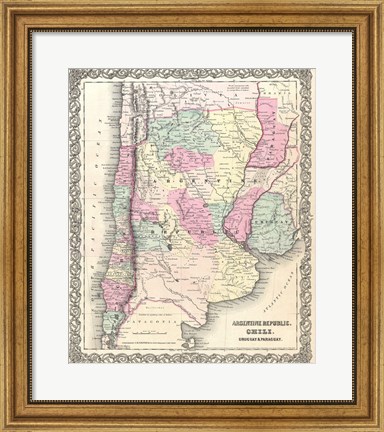 Framed 1855 Colton Map of Argentina, Chile, Paraguay and Uruguay Print